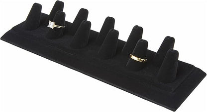 Plymor Black Velvet Ring Finger Display, Eleven on Rectangular Base, 11.125" W x 3.375" D x 2.125" H (Pack of 2)