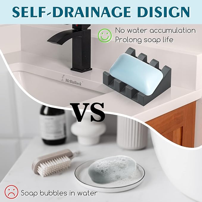 2 Pack Self Draining Silicone Soap Dish with Suction Cups - Non-Slip Bar Soap Holder for Shower & Kitchen, Waterfall Tray Keeps Soap Dry, Easy Clean, Extends Soap Life (Gray)
