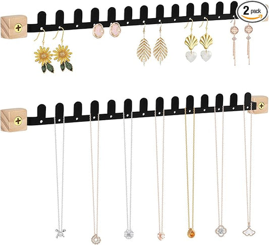 Wall Necklace Holder Hanging Jewelry Organizer 2 Pack Metal Necklace Organizer, Space-saving Jewelry Display for Necklaces & Earrings, Screws Included, Black