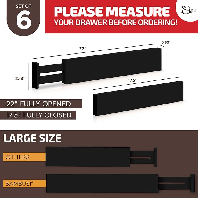 6-Pack Drawer Dividers - 2.6 Inches High, Adjustable 16 to 22 Inches Bamboo Drawer Organizer, Large Expandable Separator for Clothes, Dresser, Bedroom, Bathroom, Baby, Office, Kitchen Utensils, Black