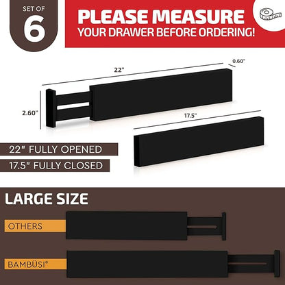 6-Pack Drawer Dividers - 2.6 Inches High, Adjustable 16 to 22 Inches Bamboo Drawer Organizer, Large Expandable Separator for Clothes, Dresser, Bedroom, Bathroom, Baby, Office, Kitchen Utensils, Black