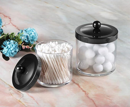 SheeChung 2-Pack Plastic Apothecary Jars with Black Metal Lids-Clear Acrylic Qtip Holder Set-Shatterproof Bathroom Vanity Organizer for Cotton Balls, Swabs, Pads-Modern Farmhouse Chic Decor