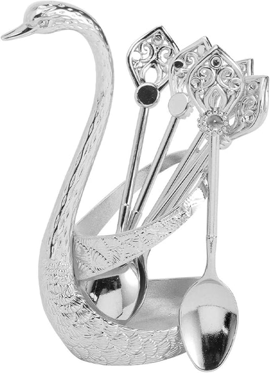Coffee Spoon Set With Holder, Swan Spoon & Fork Holder, Elegant and Charming Decorative Spoons Organizer Serving Kit, Durable Spoons Coffee Station Storage Organizer(COLOR:Silver)
