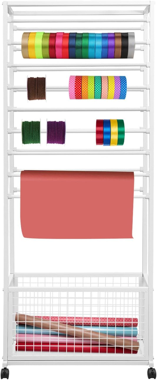 20-Tier Double-Sided Ribbon Holder Organizer Rack with Storage Basket & Wheels, Multifunctional Flower Wrapping Paper Display Stand for Craft Rooms, Flower Shops (White, 26.38''W x 12.6''D x 59.06''H)