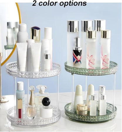 2 Tier Diamond Lazy Susan Bathroom Organizer Countertop, 9.25Inch Clear 360 Rotating Makeup Organizer for Cabinet, Kitchen, Pantry, Countertop, Bathroom, Skincare Perfume Organizer and Storage