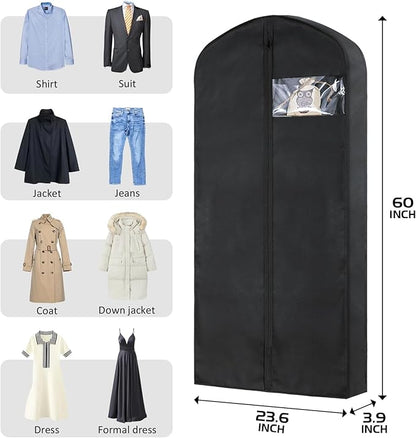 2 Pack 60"Garment Bags for Suits, Long Dress,Coats Lightweight Foldable with Travel Handle, Closet Storage and Travel-Friendly with Transparent Inner Bag Set, Black