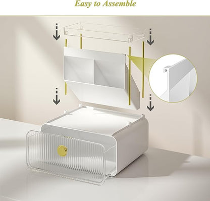 FOLLOWIN Bathroom Counter Organizer with Drawer, Dresser Top Organizer with Make Up Brush Holder, Makeup Shelf, Vanity Organizers, Cosmetic Perfume Organizer, Clear