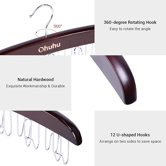 Belt Hanger Organizer for Closet: Ohuhu 12 Hooks Max 36 Belts Tie Rack Wooden Belt Holder for Storage 360 Degree Rotating Space Saver Organizer for Men Women Belt Tie Scarf Accessories-Walnut