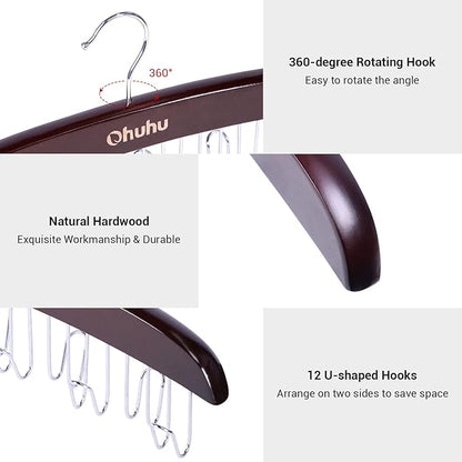 Belt Hanger Organizer for Closet: Ohuhu 2 Pack 12 Hooks Max 36 Belts Tie Rack Wooden Belt Holder for Storage 360 Degree Rotating Space Saver Organizer for Men Women Belt Tie Scarf Accessories-Walnut