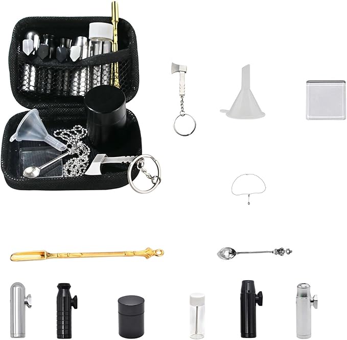 Kitchen Spice Dispenser Set with Pouch – 12Pcs Stainless Steel Spice Jars Airtight, Mini Funnel & Spoon for Camping BBQ Cooking, Space-Saving Seasoning Organizer for Home & Travel (Black)