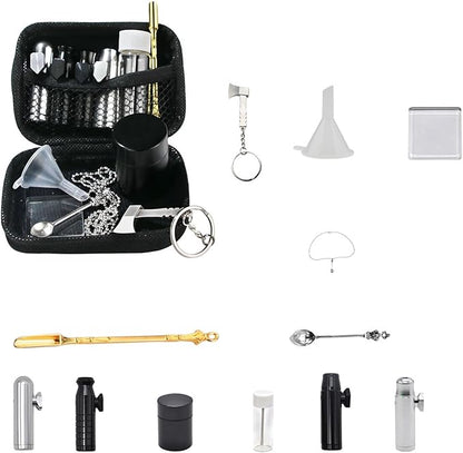 Kitchen Spice Dispenser Set with Pouch – 12Pcs Stainless Steel Spice Jars Airtight, Mini Funnel & Spoon for Camping BBQ Cooking, Space-Saving Seasoning Organizer for Home & Travel (Black)