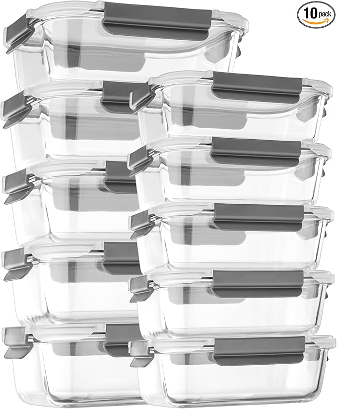 coccot [10 pack Glass Meal Prep Containers with Lids, Glass Food Storage Containers with Snap Locking Lids for Food, Bpa-free, Easy to Open& Close/Microwave,Oven,Freezer,Dishwasher Safe/Leak-Proof
