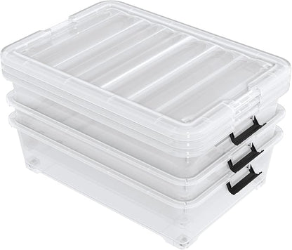 50 Quart Large Clear Plastic Under Bed Storage Bins with Wheels, 3-Pack Stackable Storage Bin with Latching Lid