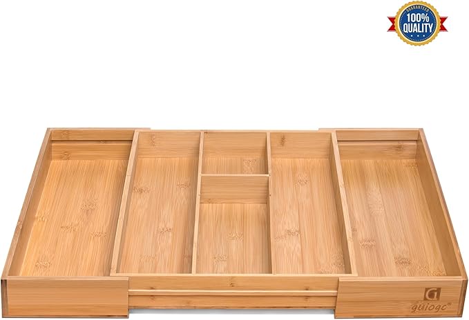 guiogc Bamboo Silverware Organizer, Expandable Kitchen Drawer Organizer and Utensil Organizer, Cutlery Tray with Drawer Dividers for Kitchen Utensils and Flatware, Bedroom, Living Room (Natural)