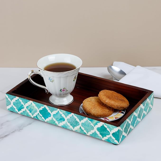 Handicrafts Home 10"x6" Vanity Tray for Bathroom Countertop, Moroccan Bone Inlay Decorative Organizer Tray for Perfume, Jewelry, Cosmetics & Dresser Decor, Rectangular Catchall Tray, Green White