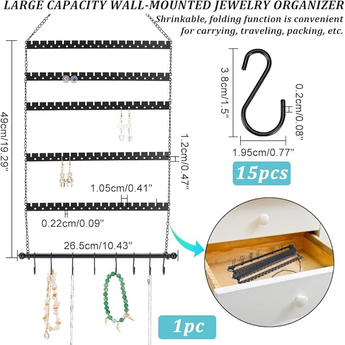 NBEADS Wall Hanging Jewelry Organizer, Earring Necklace Holder with Hanging Hooks for Earrings, Necklaces, Bracelets