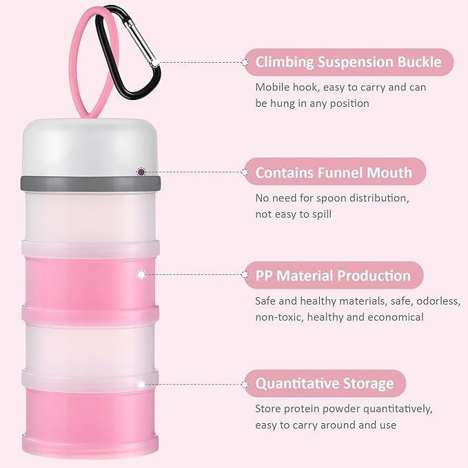 Baderke 2 Pcs Protein Powder Container with Funnels Stand, 4 Stackable Leakproof Protein Powder Dispenser, Portable Keychain Powder Container for Workout, Fitness, Travel(Pink, White)