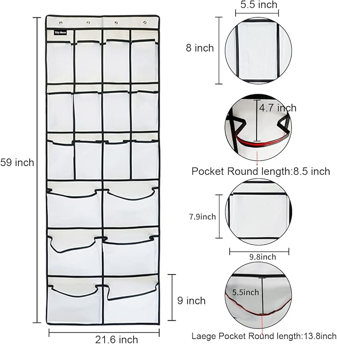 2 Pack Extra Large Hanging Over Door Shoe Organizers, 12 Mesh Pockets + 6 Large Mesh Storage Various Compartments with 8 Hooks Shoes Holder for Closet Bedroom, White (59 x 21.6 inch)
