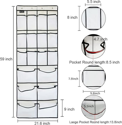 2 Pack Extra Large Hanging Over Door Shoe Organizers, 12 Mesh Pockets + 6 Large Mesh Storage Various Compartments with 8 Hooks Shoes Holder for Closet Bedroom, White (59 x 21.6 inch)