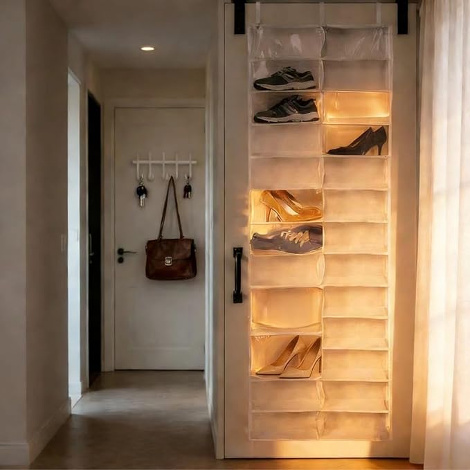 Hoodie Sweatshirt Storage Hack, Door Hanging Shoe Rack Organizer, 26-Pocket Clear Holder, Large 63" x 22" Foldable Behind The Door Organizer (Beige 1PC)