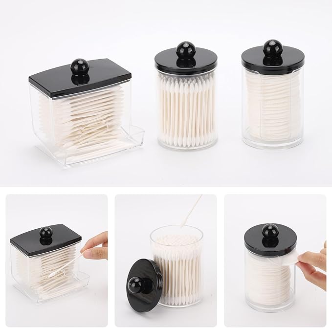 Tbestmax 3 Pack Qtips Holder Dispenser - Bathroom Organizers and Storage Containers, Plastic Apothecary Jars with Black Lids for Cotton Swab, Cotton Round Pads, Floss