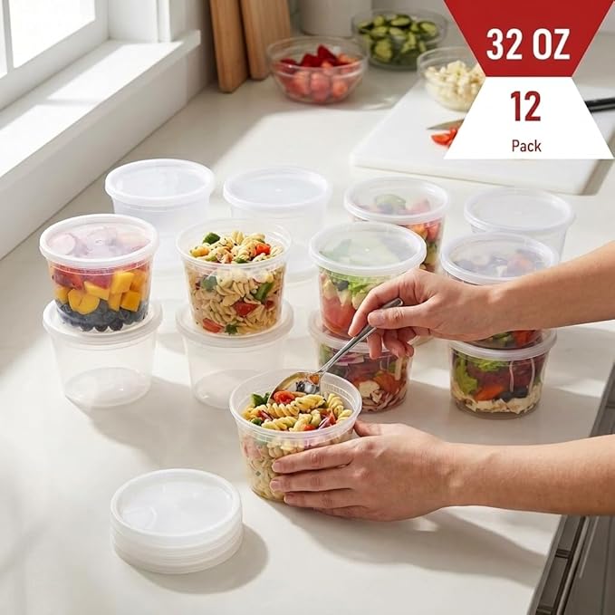 Mr Miracle Deli Containers with Lids - 12 Pack of 32 oz Clear Airtight Reusable Plastic Food and Multi-Purpose Containers - Microwave, Freezer, and Dishwasher Safe