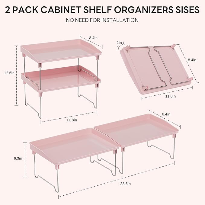 STARLATTA 2 Pcs Cabinet Organizer Shelf，Stackable Kitchen Counter Shelves, Spice Rack,Countertop Organizers，Pink Plastic Storage Shelves Rack for Makeup，Bathroom, Cupboard，Desk，Pantry Organization