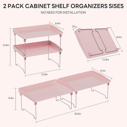 STARLATTA 2 Pcs Cabinet Organizer Shelf，Stackable Kitchen Counter Shelves, Spice Rack,Countertop Organizers，Pink Plastic Storage Shelves Rack for Makeup，Bathroom, Cupboard，Desk，Pantry Organization