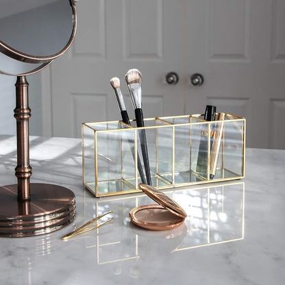 Isaac Jacobs 4-Compartment Organizer- Makeup Brush Holder- Vintage Style Brass and Glass Storage Solution with Mirror Base- Office, Bathroom, Kitchen Supplies and More (Antique Gold)