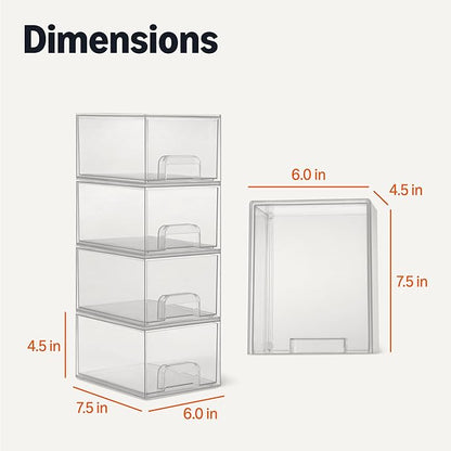 Amazon Basics Stackable Plastic Storage Makeup Organizer Drawers, Clear, 7.5" x 6" x 4.5", 4 Pack