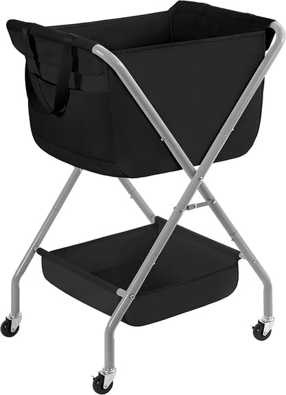 STORAGE MANIAC Collapsible Laundry Cart with Wheels 35.6"H Removable Canvas Bag Rolling Laundry Hamper Clothes Basket with Wheels, Sturdy Steel Frame Folding for Small Narrow Space Easy Storage, Black