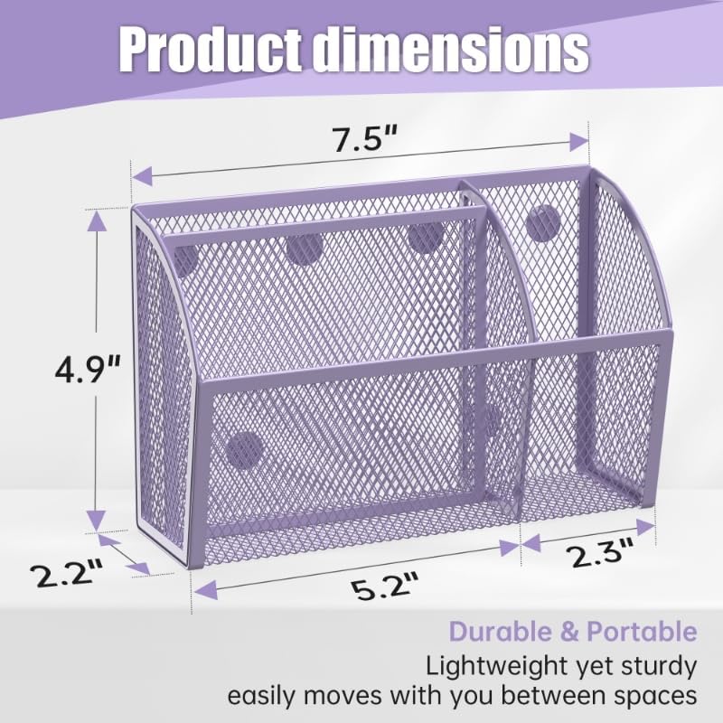 YINGHUA 3 Compartment Magnetic Metal Mesh Pen Holder, Purple Desk Caddy - Image 2