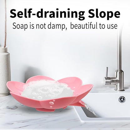 Soap Dishes 2 Pack Self Draining XL Flexible Bar Holder for Shower, Silicone Flower Soap Saver Tray for Counter Bathtub Sink Bathroom Decor with Drainage -Mirror Surface Easy Clean (Pink/Cyan Blue)