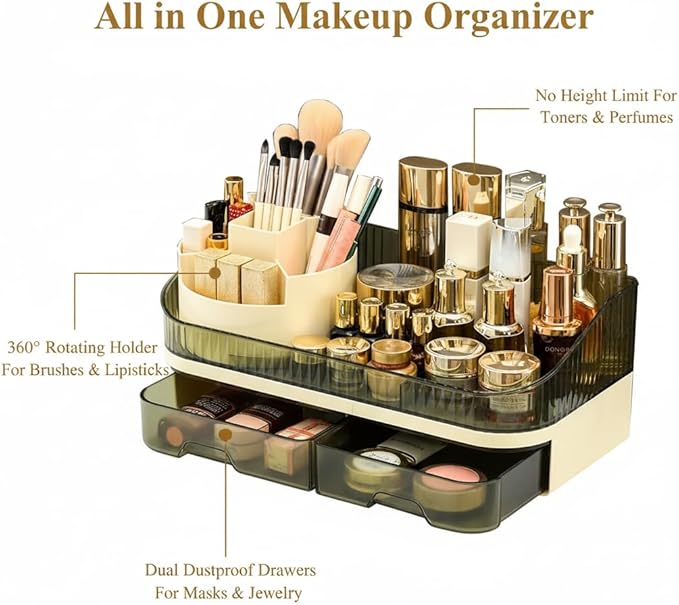 Makeup Organizer with Dual Drawers - Large Capacity Countertop Cosmetic Storage for Skincare Vanity Bathroom