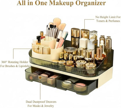 Makeup Organizer with Dual Drawers - Large Capacity Countertop Cosmetic Storage for Skincare Vanity Bathroom