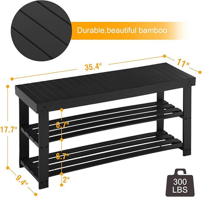 Apicizon Bamboo Shoe Rack for Entryway, 3-Tier Shoe Rack Bench for Front Indoor Entrance, Small Shoe Organizer with Storage, 35.4 Inches, Black