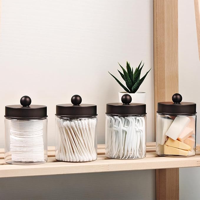 Amolliar Farmhouse Decor Qtip Holder Dispenser for Cotton Swabs,Balls, Cotton Pads, Floss - Clear Plastic Apothecary Jar for Bathroom Canister Storage, Vanity Countertop Makeup Organizer-Bronze (6)