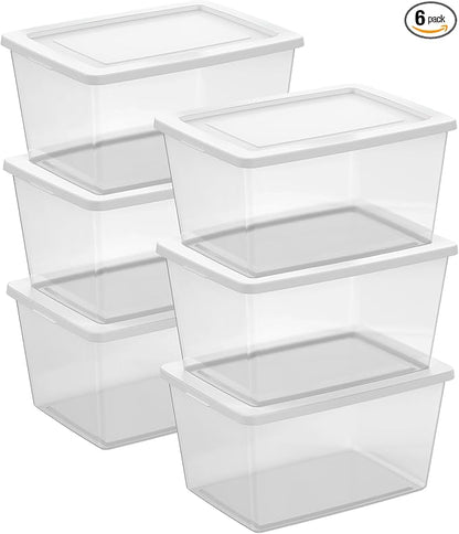 Sterilite 6-Pack Clear Storage Box, Stackable Container Bins with Lids, 58 Qt, White – Plastic Containers for Home, Closet, Bathroom, and Office Organization