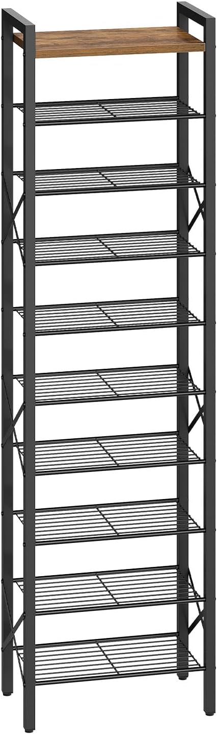 YATINEY 10-Tier Narrow Shoe Rack, Tall Shoe Rack for 10-20 Pairs, Slim Shoe Storage Organizer with Wooden Top, Space Saving, Metal Frame, for Entryway, Rustic Brown and Black SS68BR