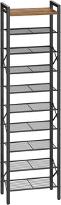 YATINEY 10-Tier Narrow Shoe Rack, Tall Shoe Rack for 10-20 Pairs, Slim Shoe Storage Organizer with Wooden Top, Space Saving, Metal Frame, for Entryway, Rustic Brown and Black SS68BR
