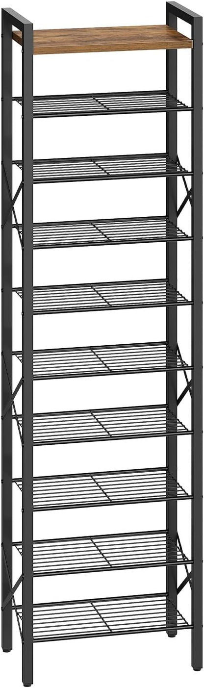 YATINEY 10-Tier Narrow Shoe Rack, Tall Shoe Rack for 10-20 Pairs, Slim Shoe Storage Organizer with Wooden Top, Space Saving, Metal Frame, for Entryway, Rustic Brown and Black SS68BR