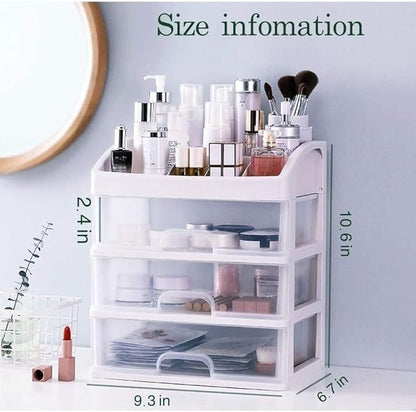 Makeup Organizer with 3 Drawers, Bathroom Vanity Countertop Storage for Cosmetics, Brushes, Lotion, Nail Lipstick and Jewelry (White)