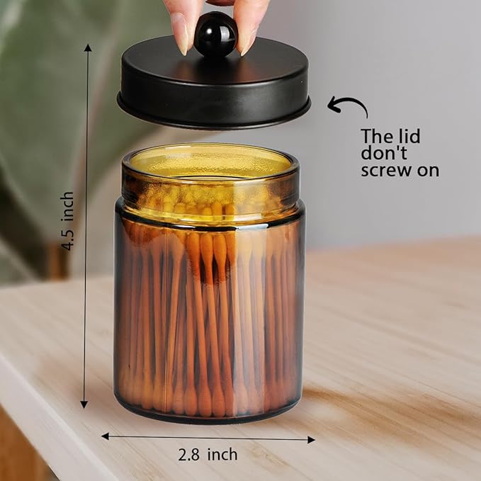 Amolliar Amber Glass Qtip Holder, Apothecary Jars with Matte Black Metal Lid & Stickers-Bathroom Qtip Dispenser Storage Organizer Set,Vanity Counter Canister for Cotton Swabs,Round Pads,Floss (4 Pack)