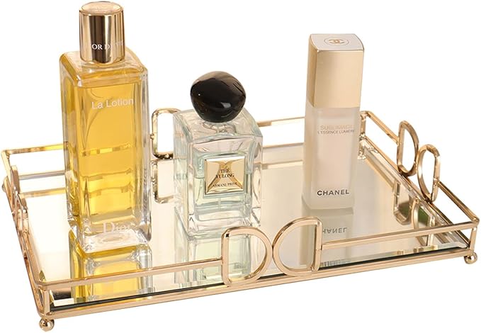 Gold Mirror Tray: Elegant Makeup/Vanity Tray, Luxury Rust-Proof Glass for Bathroom & Bedroom