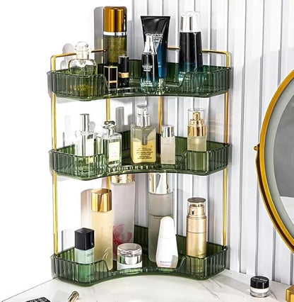 CESTATIVO Corner Bathroom Counter Organizer, Vanity Trays, Skincare Makeup Organizer, Bathroom Counter Shelf (3 Tiers, Green)