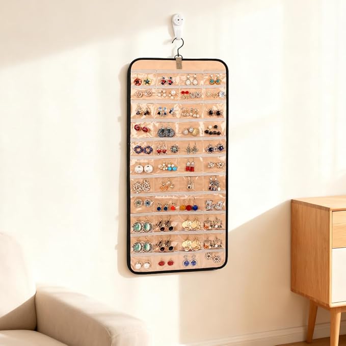 48 Pocket Oxford Fabric Double Sided Hanging Rotating Jewelry Organizer, Bracelet Necklace Jewelry Display Hanger for Closet Door, Earring Dustproof Holder Wall Mount Accessories(Black)