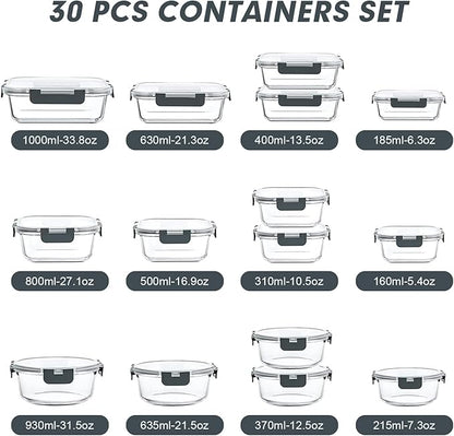 VERONES 30 Pieces Glass Meal Prep Containers Set, Stackable Glass Food Storage Containers with Lids-Airtight Lunch Containers，for Microwave, Oven, Freezer & Dishwasher,Grey