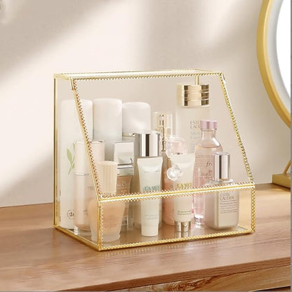 YUEHUA Makeup Organizer Glass Makeup Holder Bathroom Countertop Vanity Cosmetic Organizer for Lipsticks Skincare Toner Storage