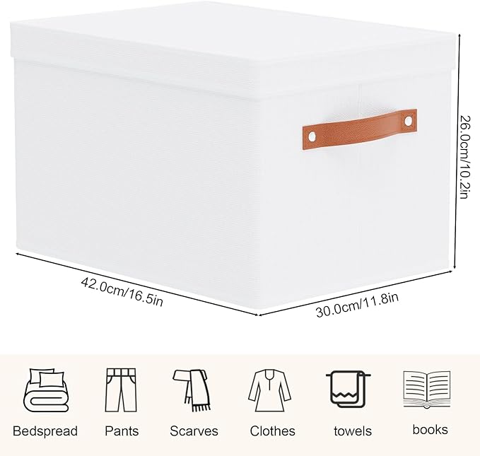 5 Pack Storage Baskets, Storage Boxes with Lids, Closet Organizers with Handles for Shoes Towels Books, White, 16.5 x 11.8 x 10.2 Inch