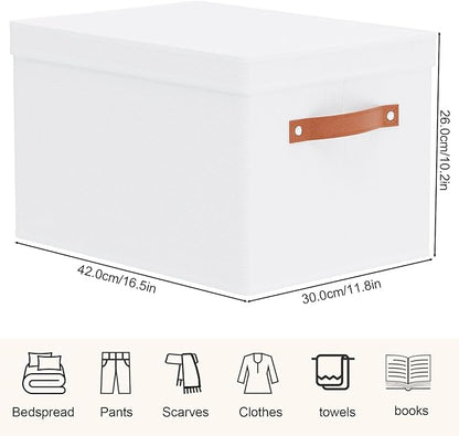 5 Pack Storage Baskets, Storage Boxes with Lids, Closet Organizers with Handles for Shoes Towels Books, White, 16.5 x 11.8 x 10.2 Inch